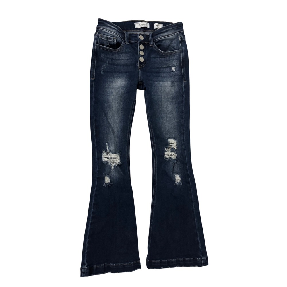 KanCan Jeans Girls Size 12 Mid Rise Flare Dark Wash Distressed Button Fly VBK147